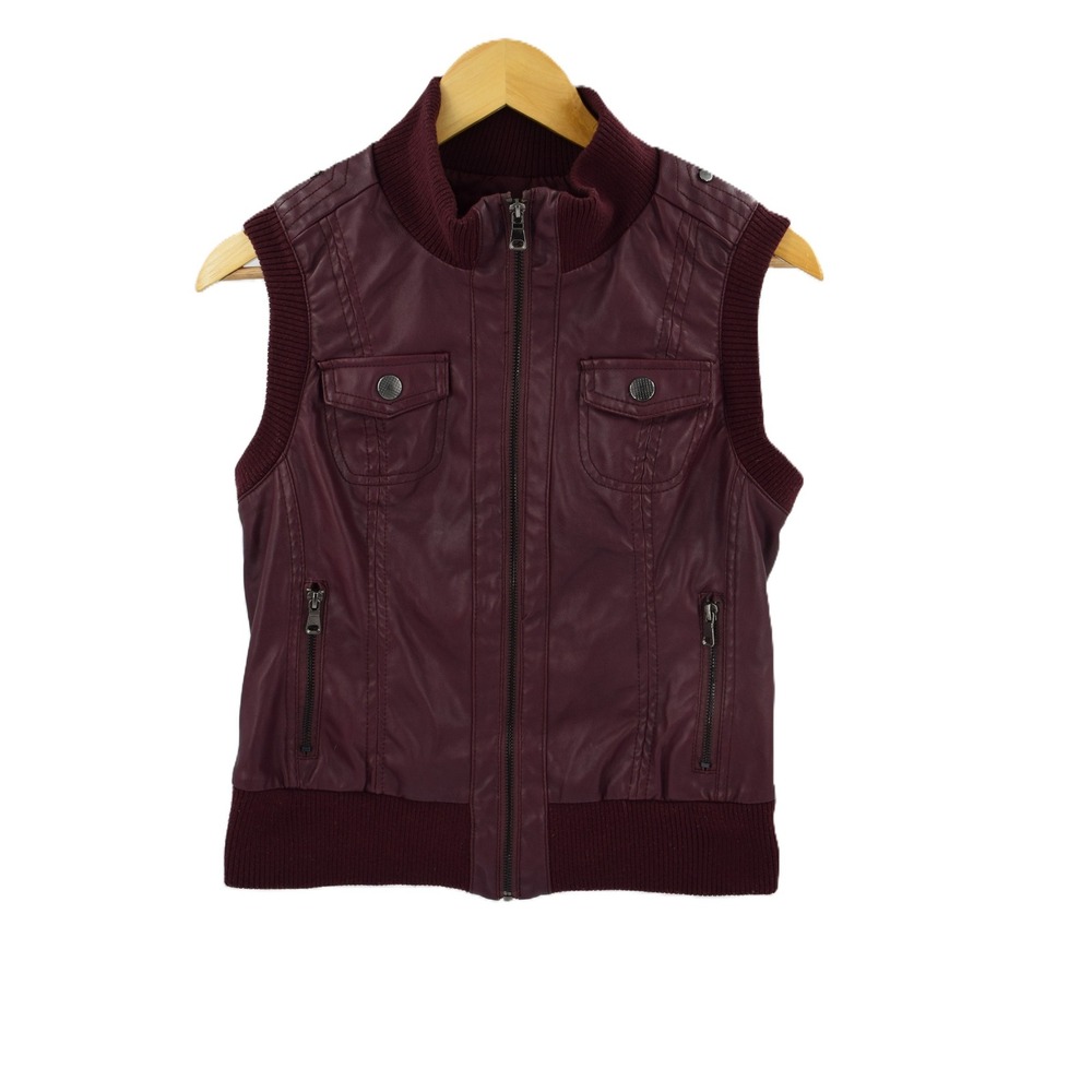 Womens Burgundy Faux Leather Quilted Vest Full Zip Ribbed Collar Hem